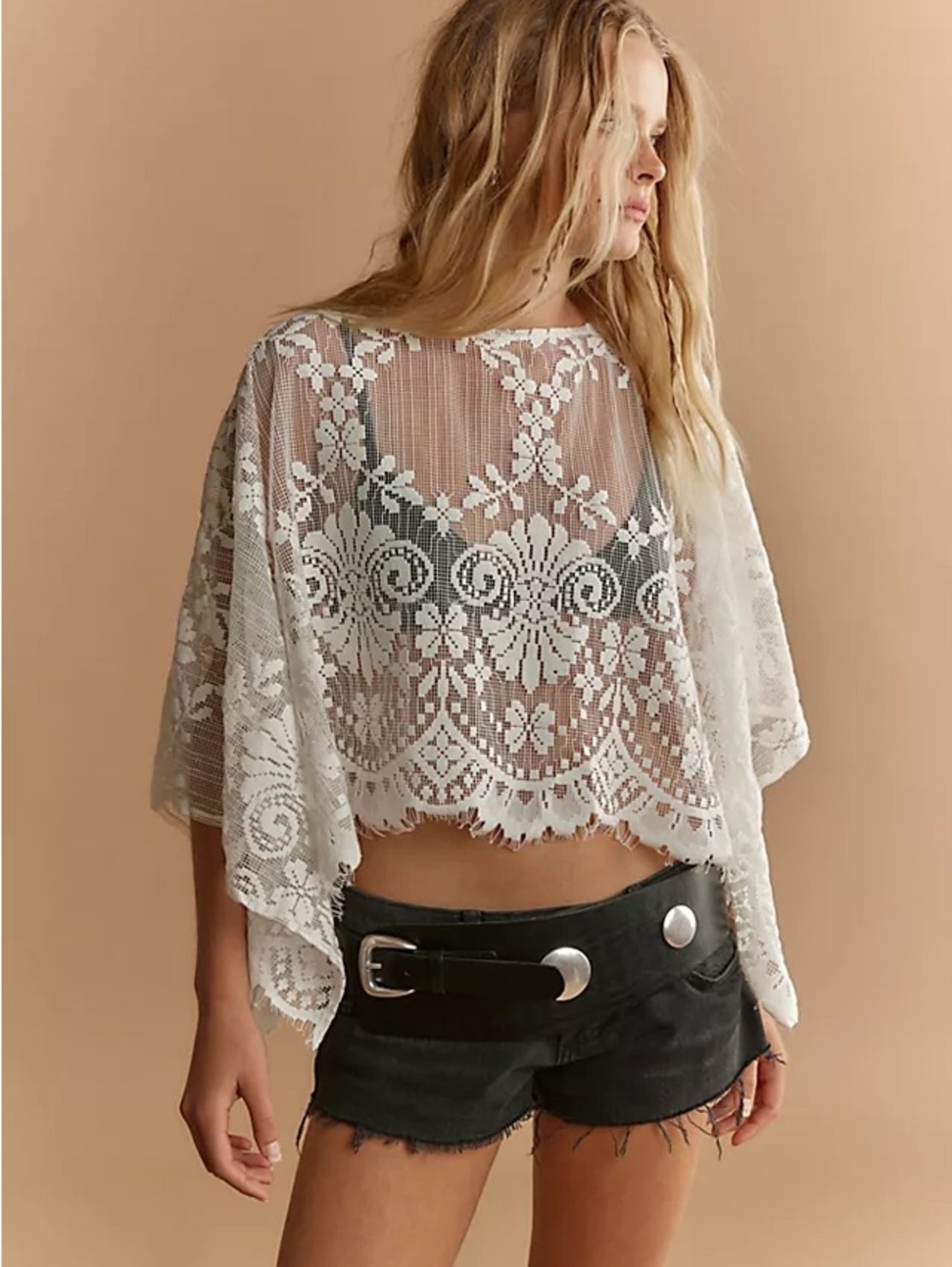 Free People White Lace Crochet Sheer Crop Top